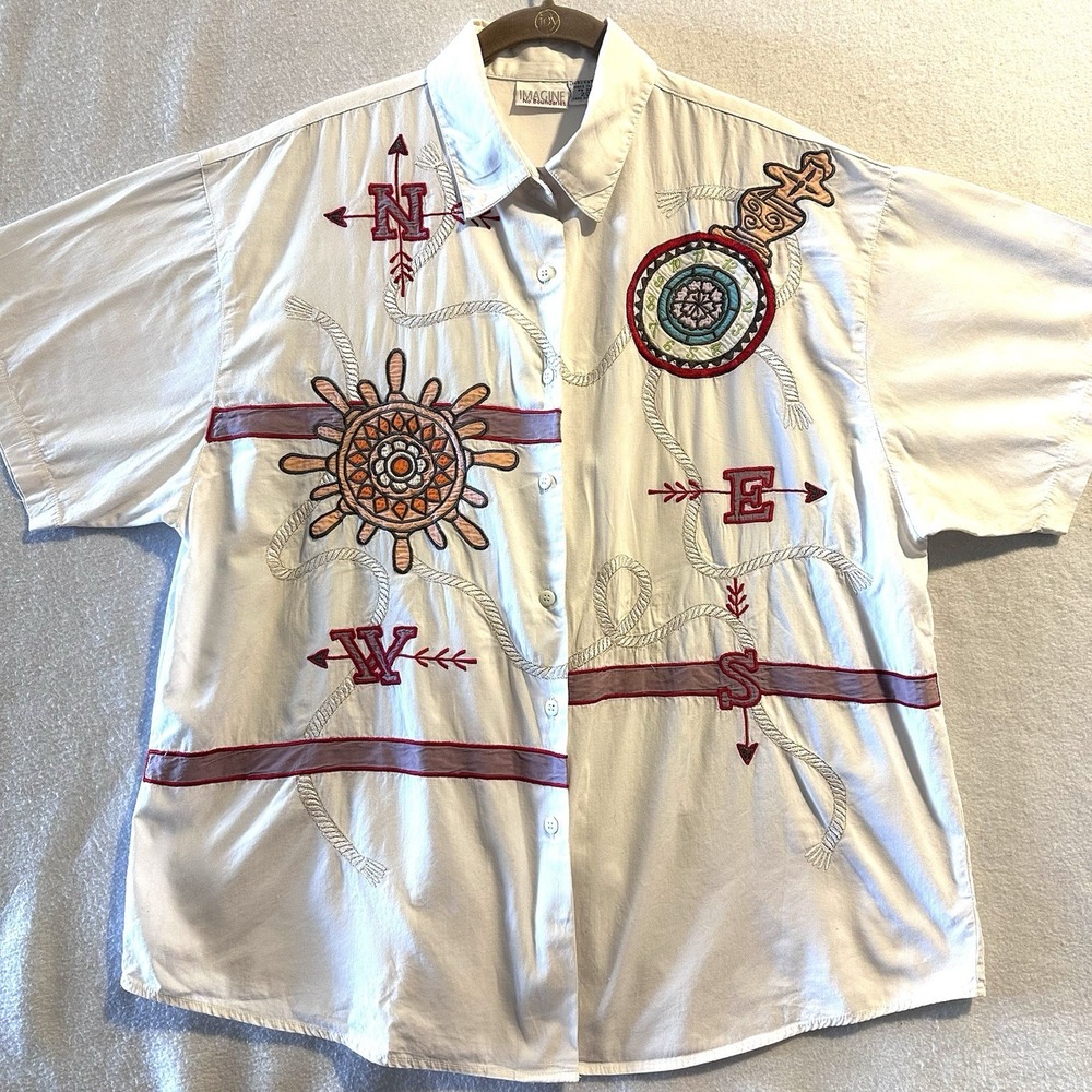 Vintage Nautical Shirt Women's 20W‎ White Embroidered Front Pockets Short Sleeve